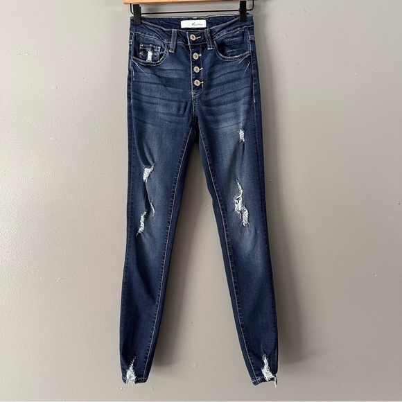 KanCan Distressed‎ Button Fly Skinny Jeans | Dark Wash - Picture 1 of 9